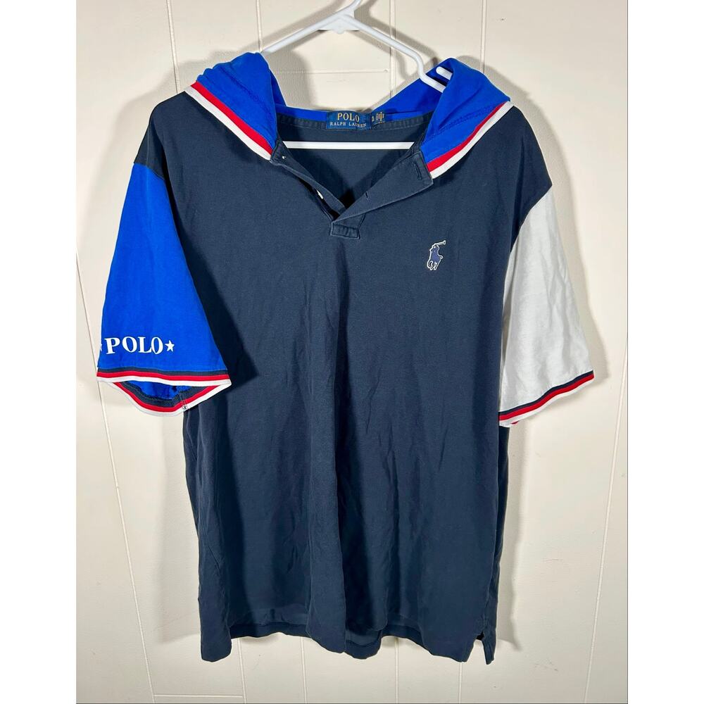 POLO RALPH LAUREN SHORT SLEEVE HOODED POLO SHIRT NAVY/RED/WHITE MENS SIZE XL
